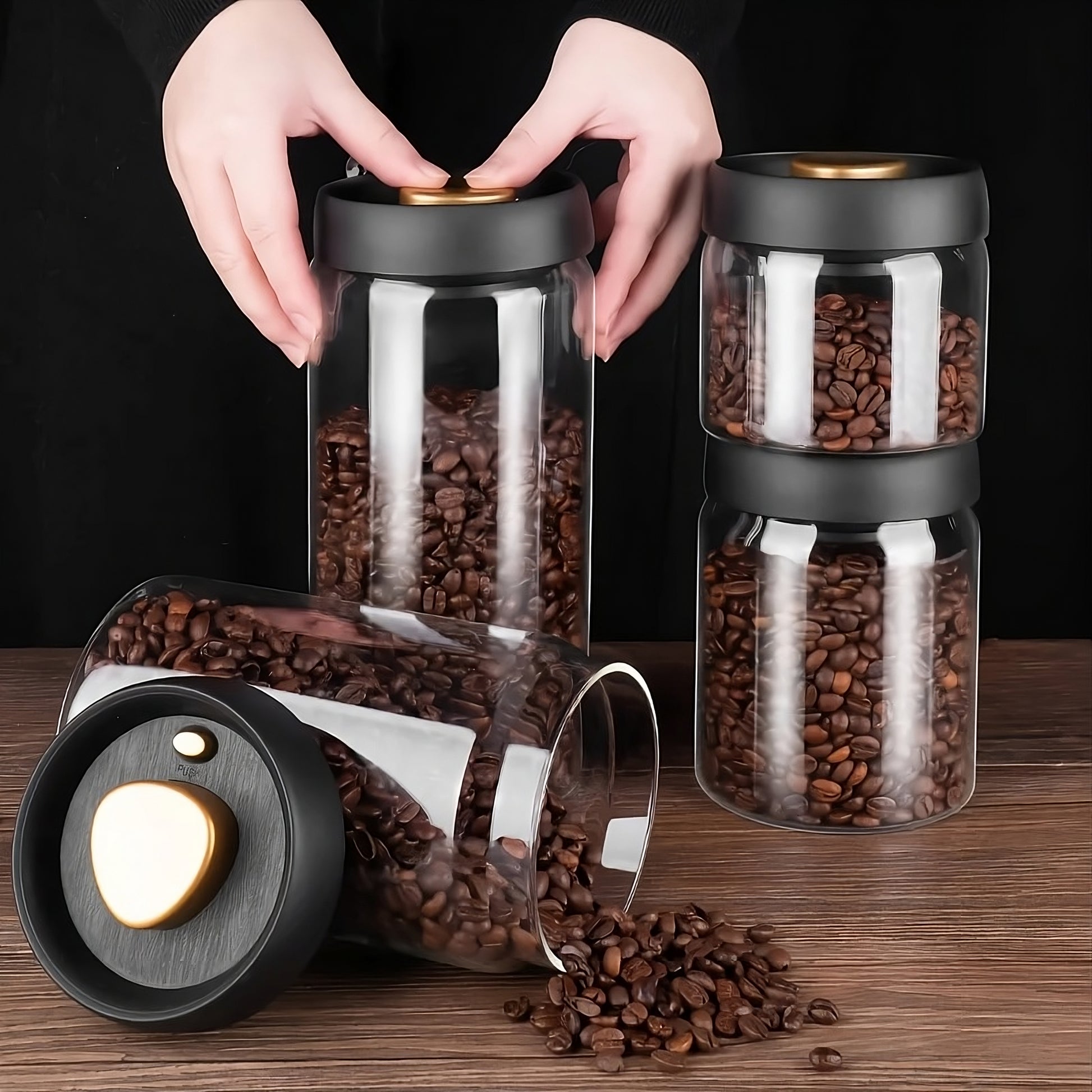 showcasing the glass jars in different sizes and stacked with coffee beans as content