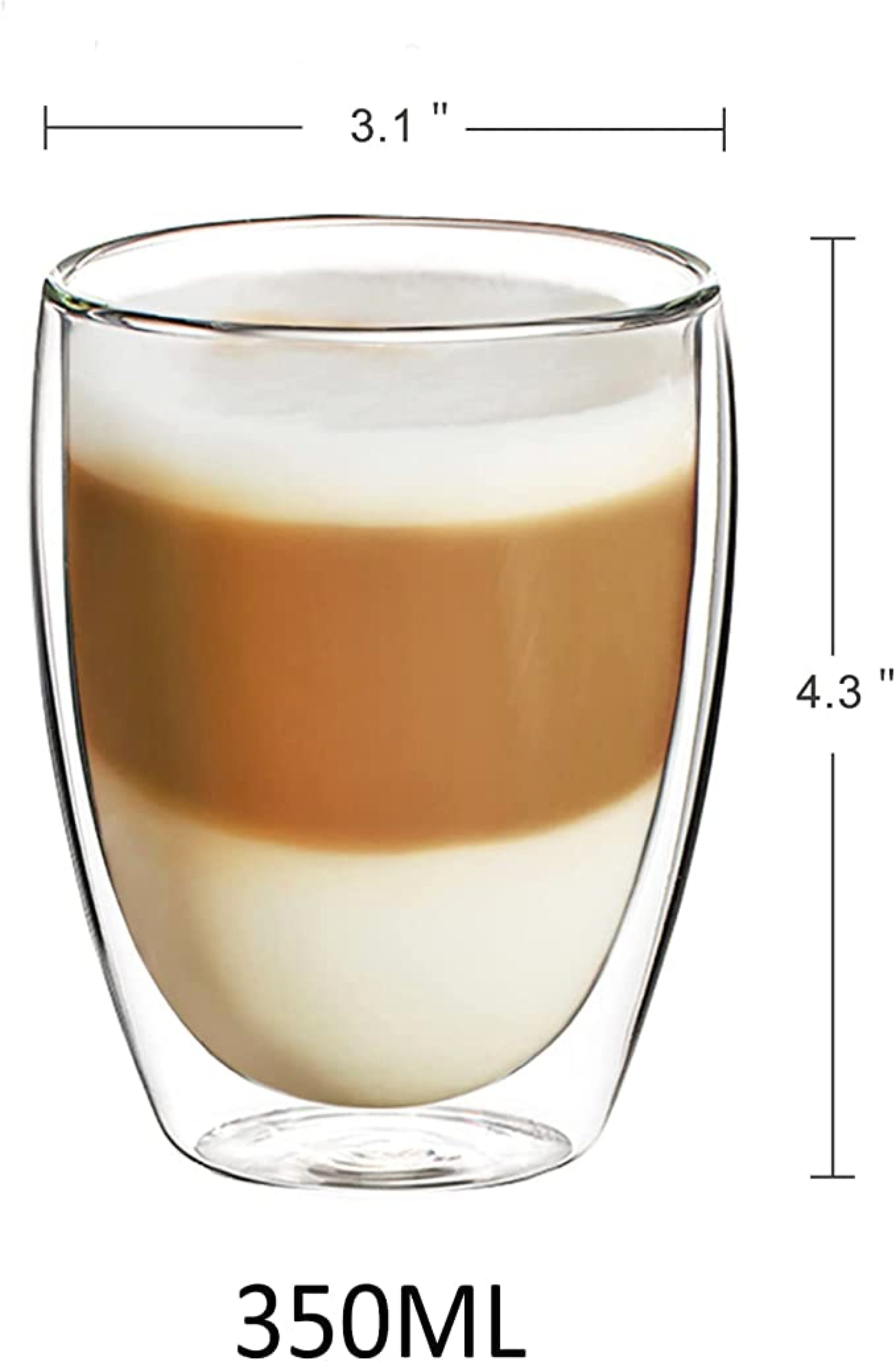A single 350ml double wall glass showing the dimensions