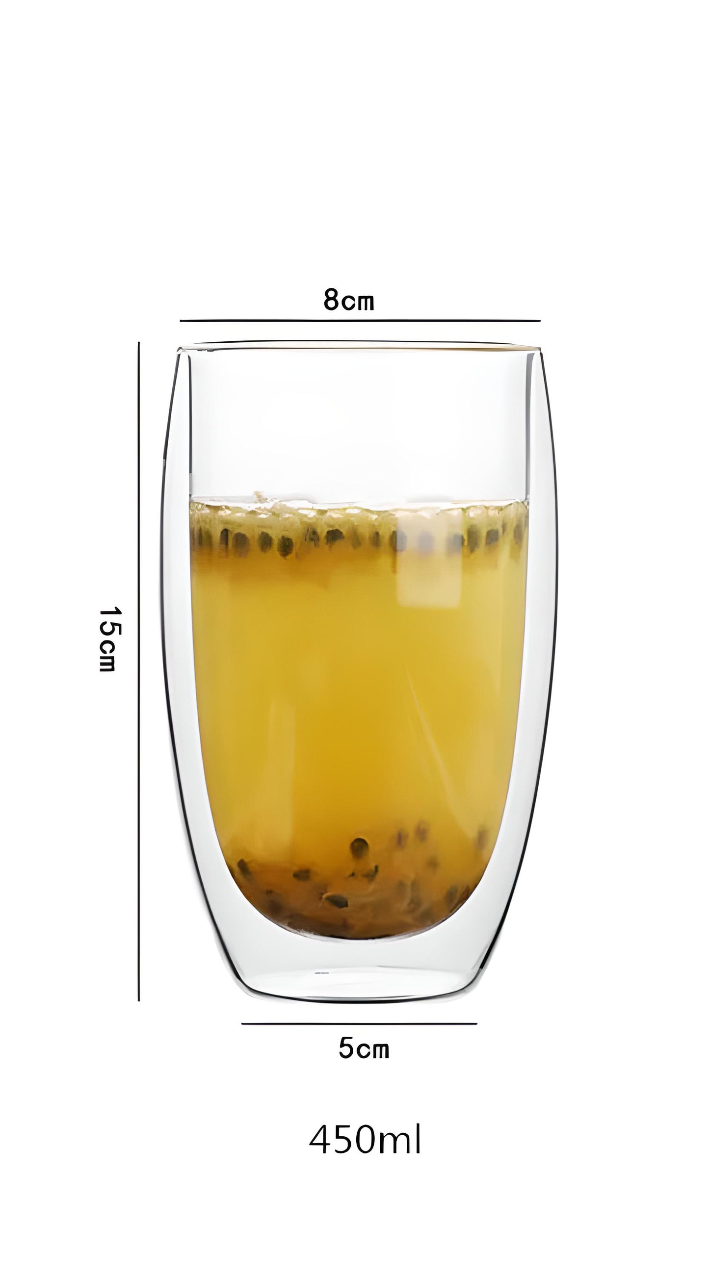 A single 450ml double walled glass showing the dimensions