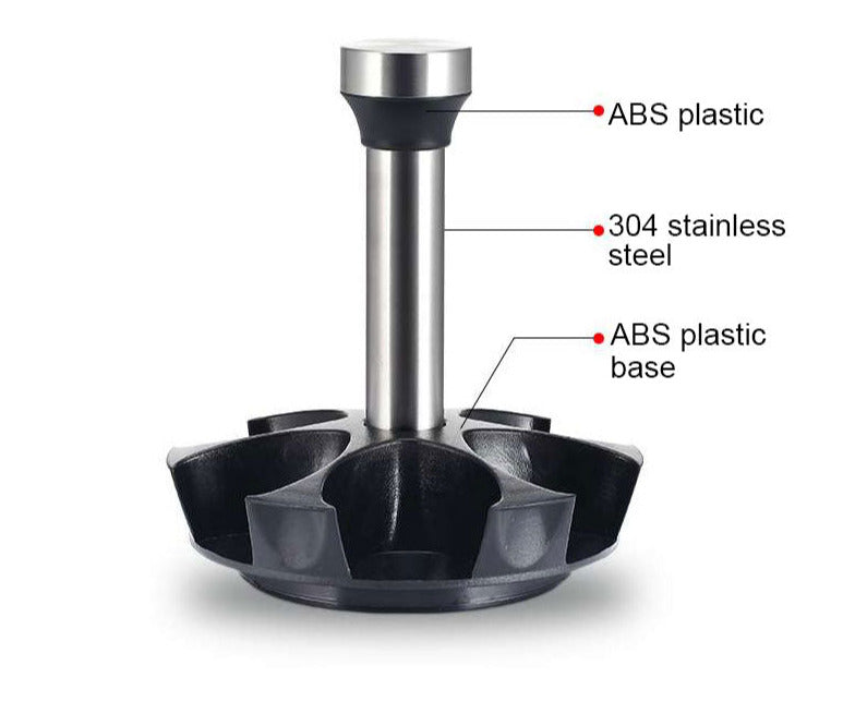 The spice set base showing the materials used such as, ABS plastic and stainless steeel