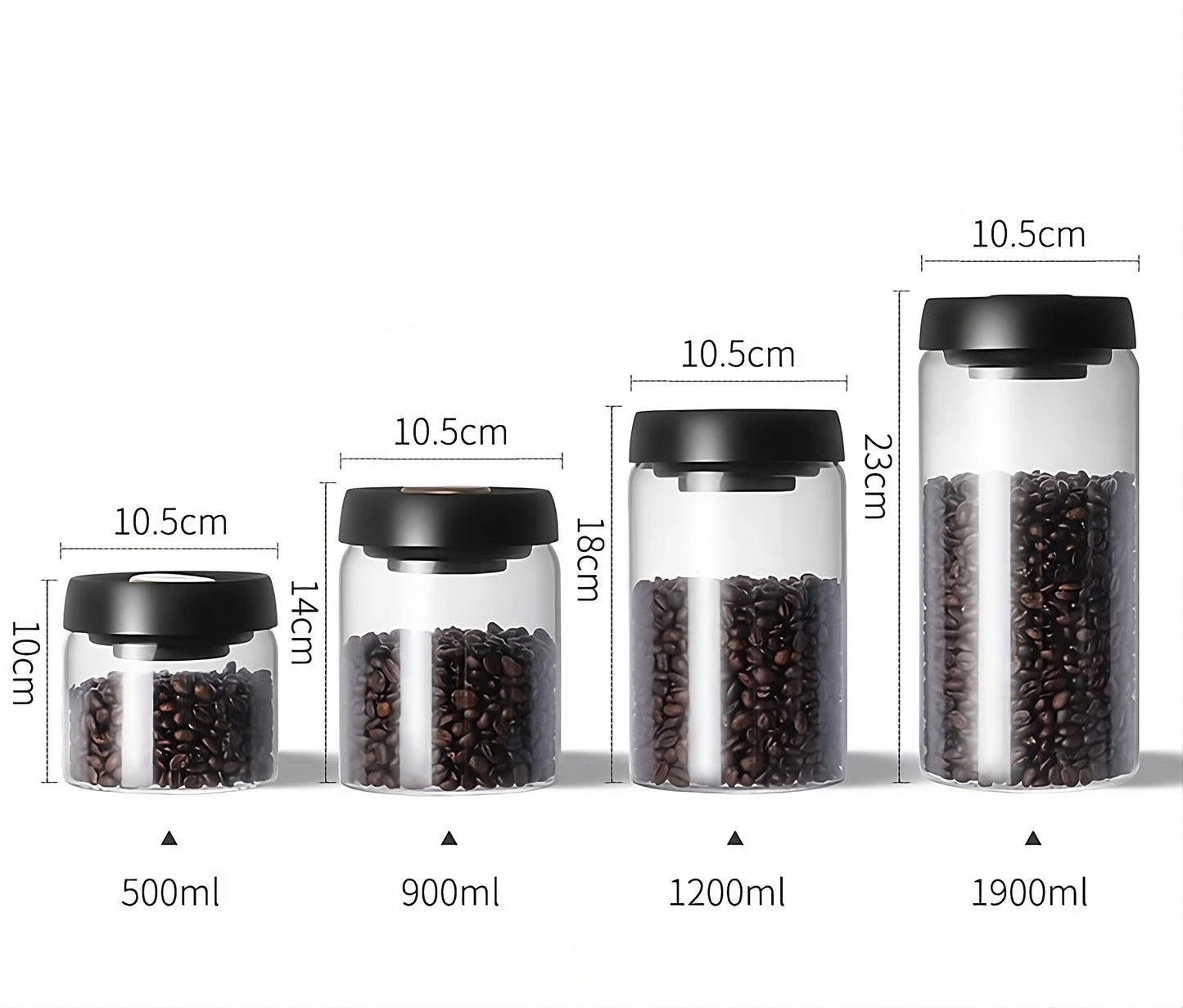 showcasing the glass jars and their dimensions