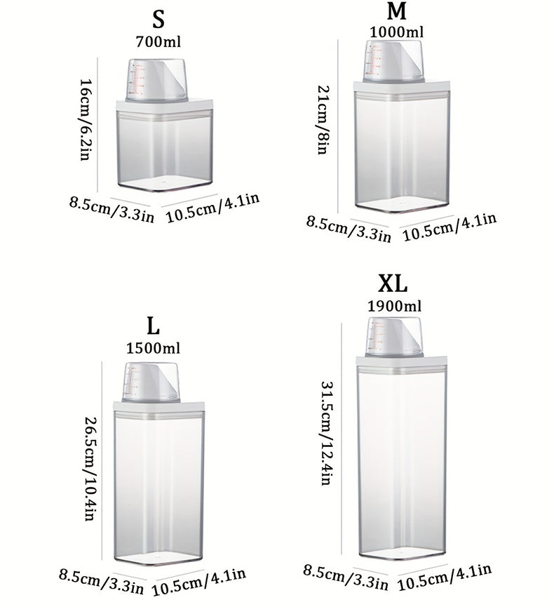 Showing dimensions of each available laundry detergent storage unit