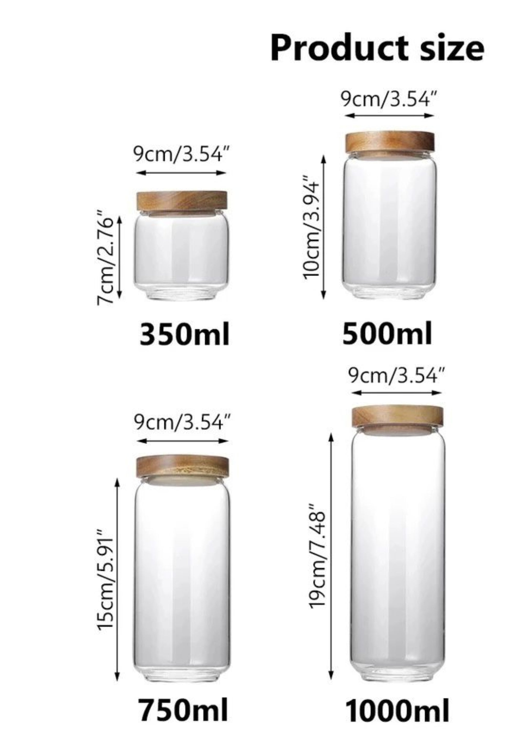 Showing the dimensions of rach glass jars. There are three sizes, 350ml, 500ml, 750ml and 1000ml